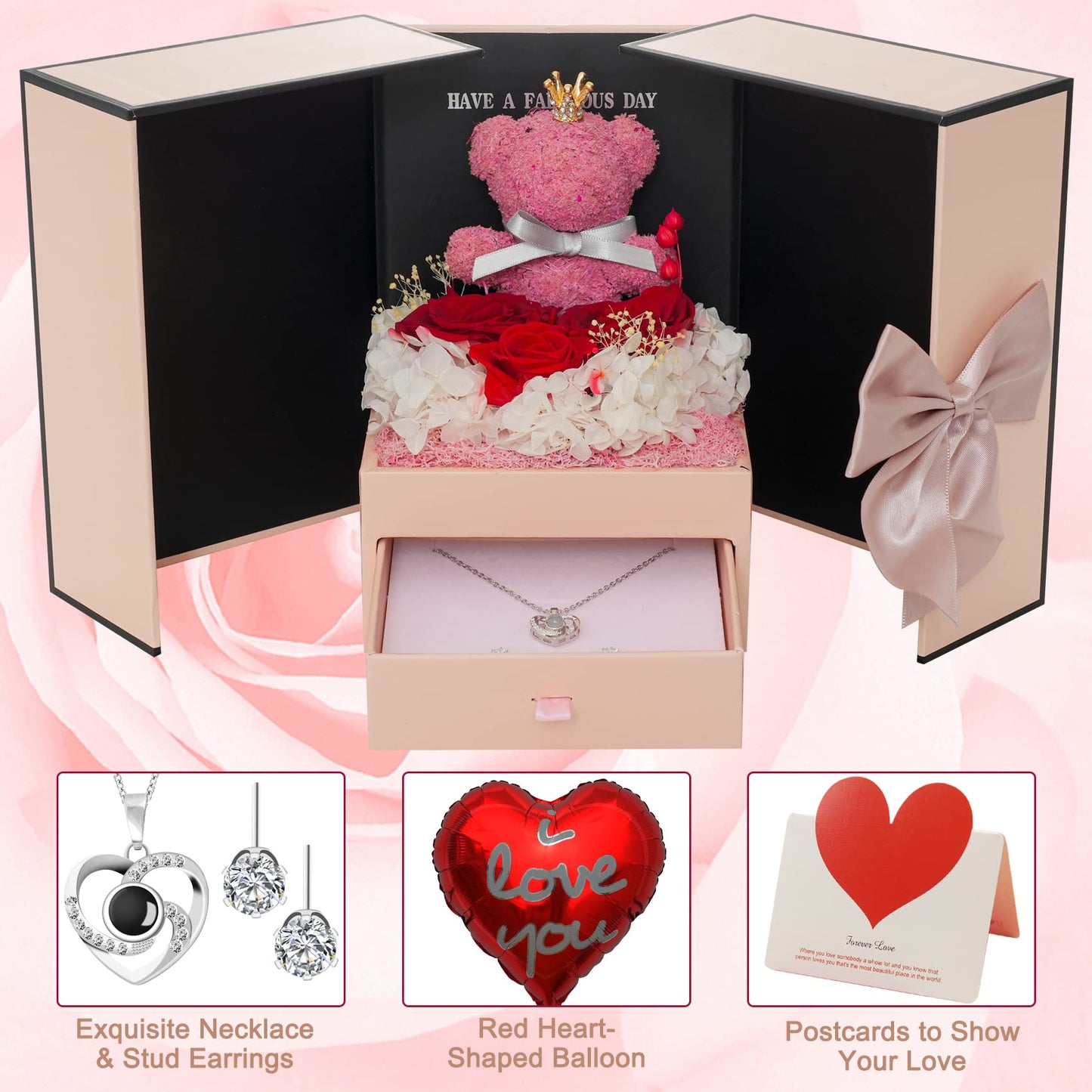 Onory Preserved Rose Bear Gifts Set Includes Necklace with Heart-Shaped I Love You in 100 Languages for Mom Women Wife Mother's Day Valentine's Day Birthday