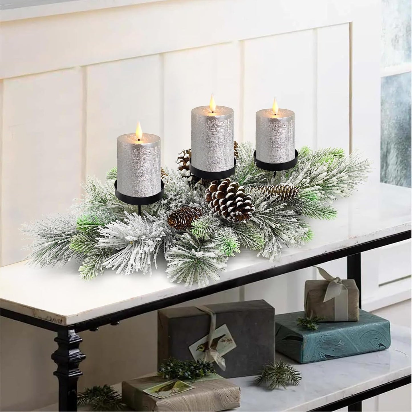 Skiennix Christmas Table Centerpiece - 27.5 Inch Flocked Pine Needles & Frosted Pine Cones | Snowy Decor
