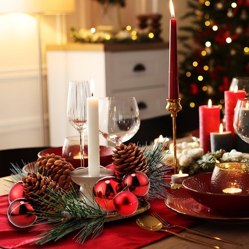 FoldTier Christmas Candle Rings - 4 Pcs Artificial Red Berries & Pine Needles Garland | Rustic Table Centerpieces