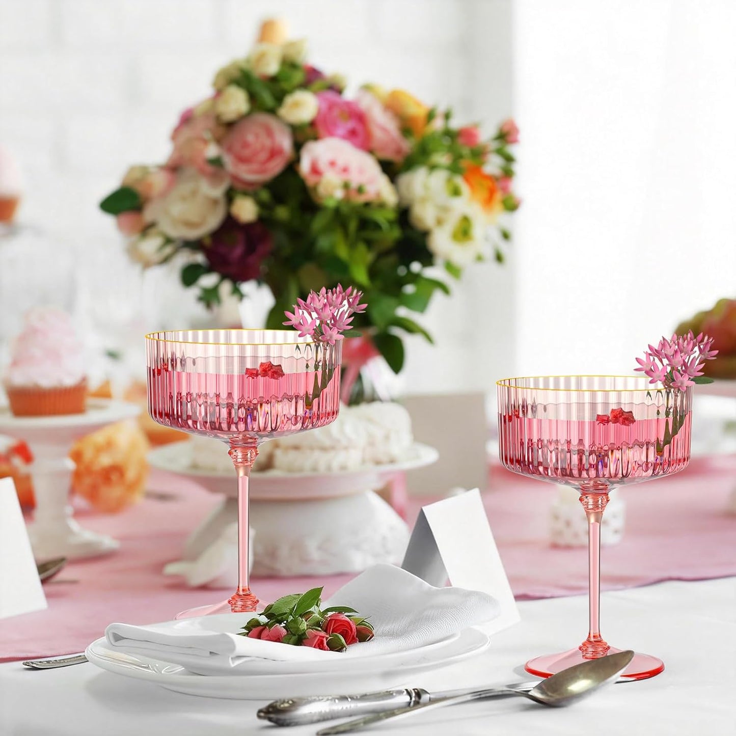 Skiennix 12 PCS Pink Ribbed Coupe Glasses - 10oz Vintage Cocktail Glassware with Gold Rim for Weddings & Parties