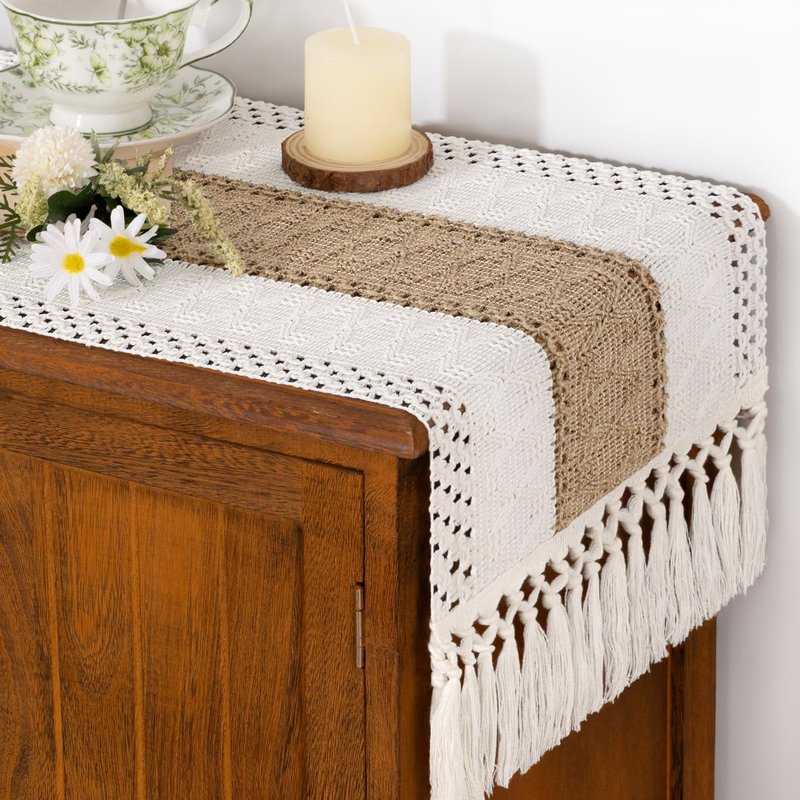 Socomi Boho Table Runner Easter Spring Farmhouse Rustic Dining Kitchen Centerpiece Decor Small Macrame Woven Cotton Linen Coffee Table Runner for Dresser Scarf Home Decor 12x48 inch