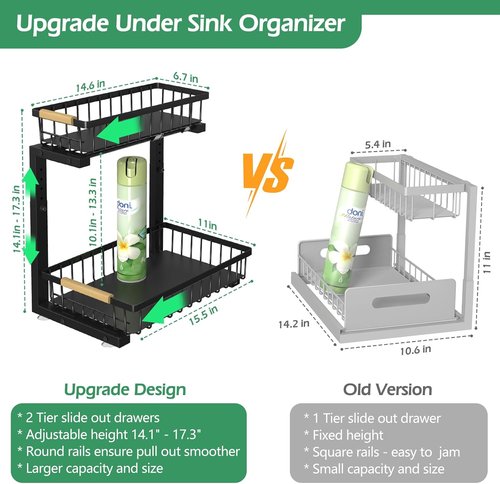 ADRIMER Under Sink Organizer - 2 Tier Pull-Out Kitchen & Bathroom Storage Shelf | Black, Set of 2