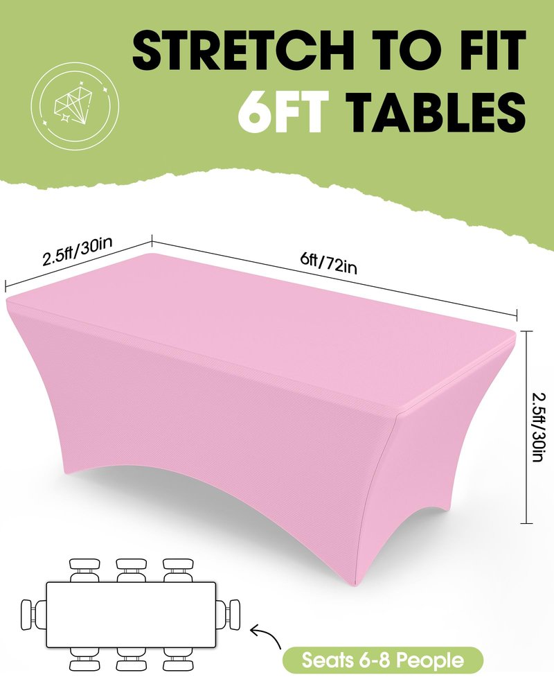 Pureegg Spandex Tablecloth 6ft - 2 Pack, Fitted and Tight Cloth for Rectangle Table, Wrinkle-Free and Stretch Table Cover for Party, Wedding, Banquet and Birthday, Pink