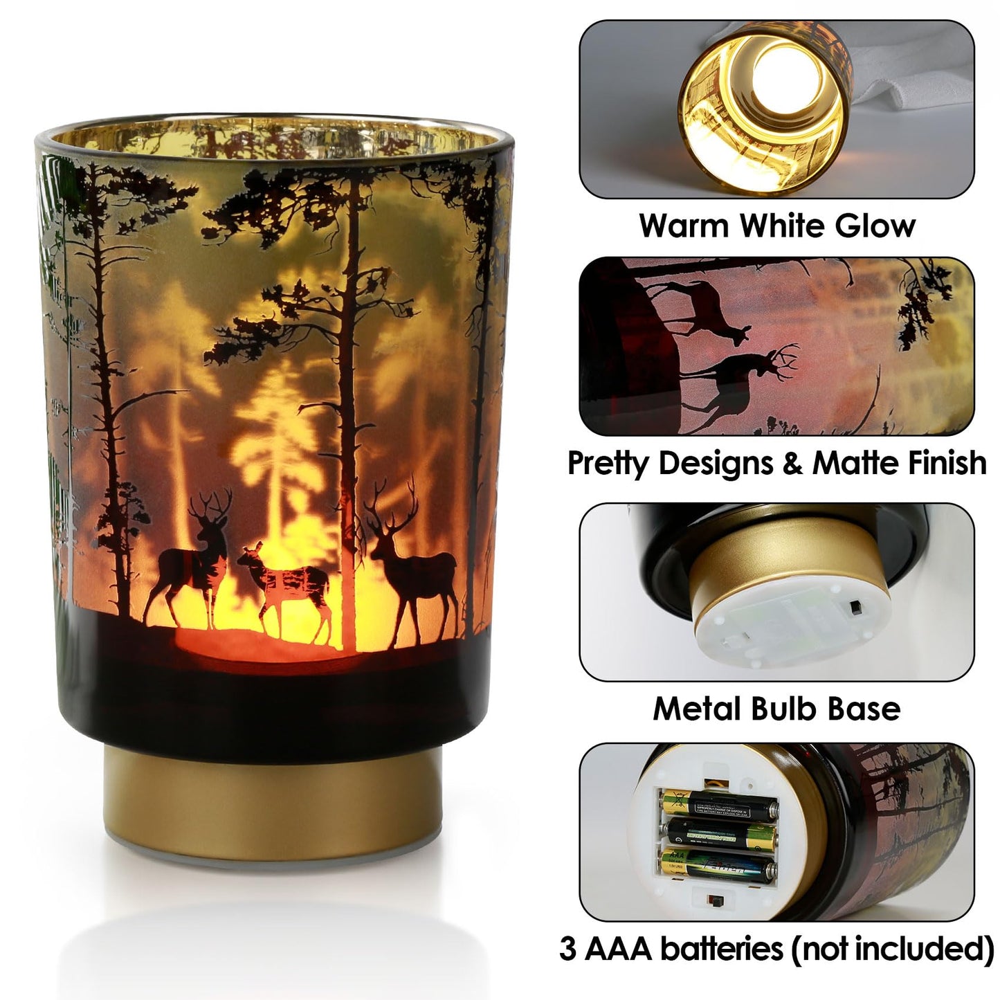 Eywamage Large Battery Operated Table Lamp with Remote, Forest Deer Accent Lamp, Cordless Glass Lamp for Bedroom Living Room