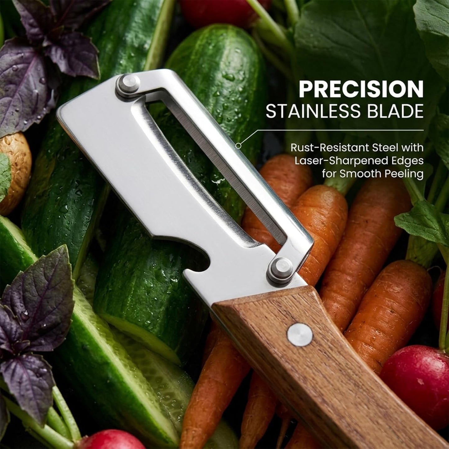 Sakerplus 2-in-1 Vegetable Peeler - Multifunctional Potato Peeler with Wooden Handle & Stainless Steel Blade