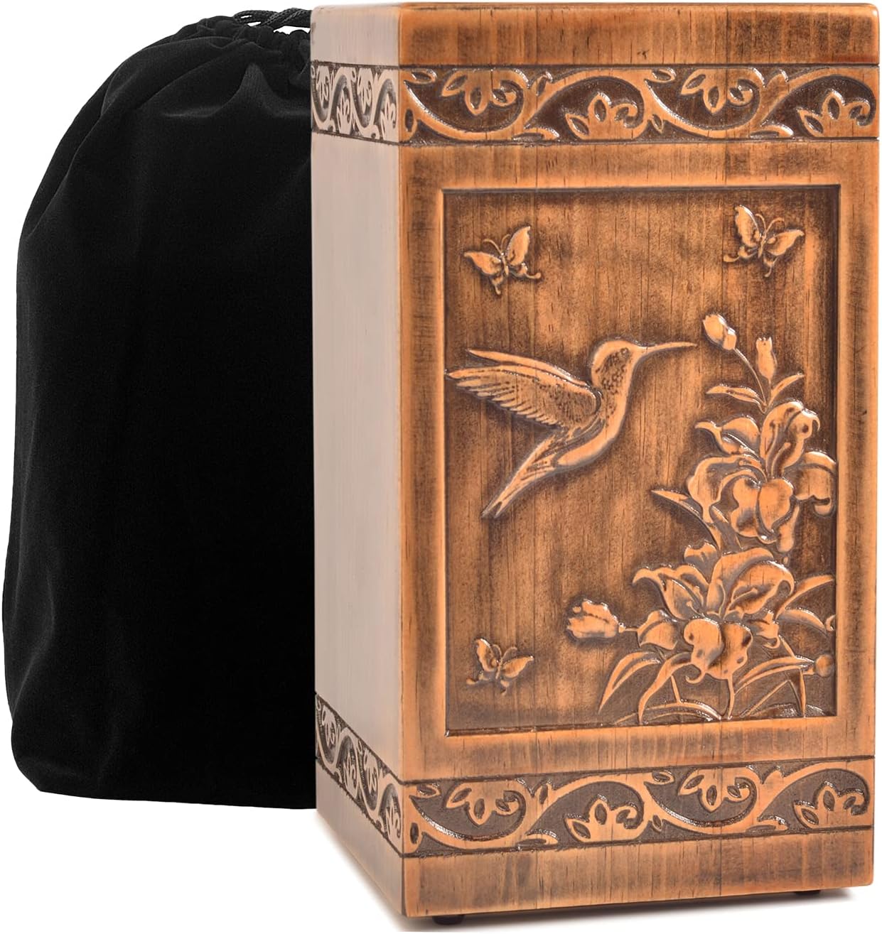 Handmade Wooden Engraved Urn for Human Ashes Adult Male Female Satin Bag Cremation urns Box (Butterfly(250lbs))