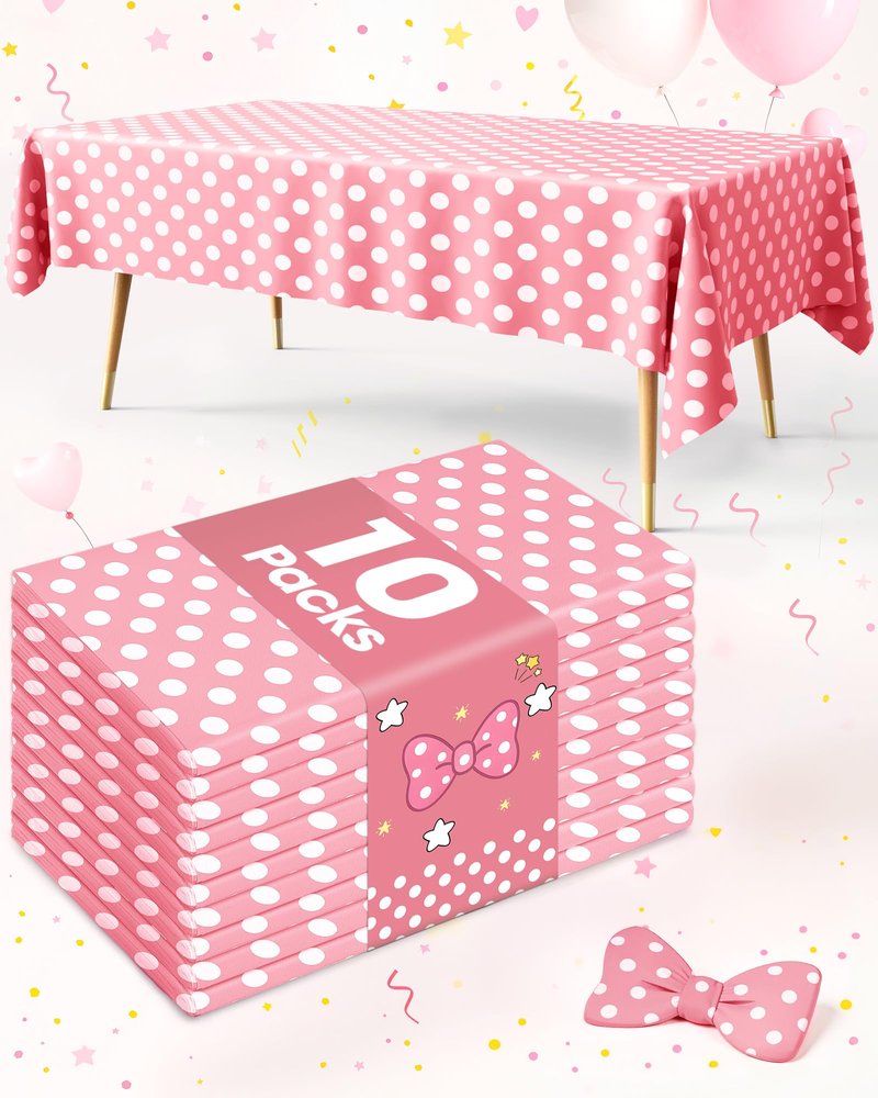 Pureegg Plastic Table Cloth Disposable 10 Pack, 54 x 108 Inch Table Cloths, Birthday, Wedding, Pink Girl Party, Picnic, Decorative Tablecloths, Rectangle Cover, Leakproof & Sturdy, Pink Polka Dot