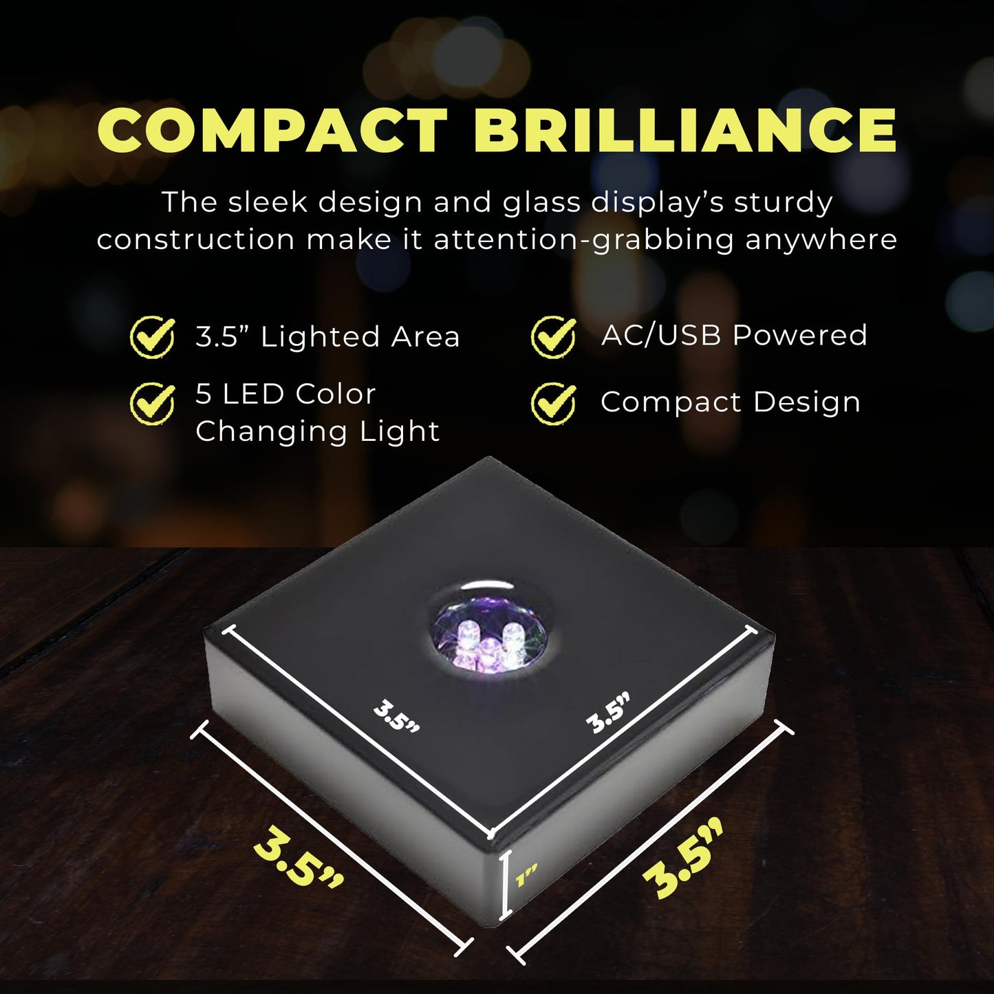 ASENTE 5 LED White Large Light Stand Base - Mirror Top Sqaure Display Pedestal for 3D Crystal Glass Art - AC or Battery Operated - 4 Inch Illuminated Holder - Lighted Paperweight - Small Rock Lamp