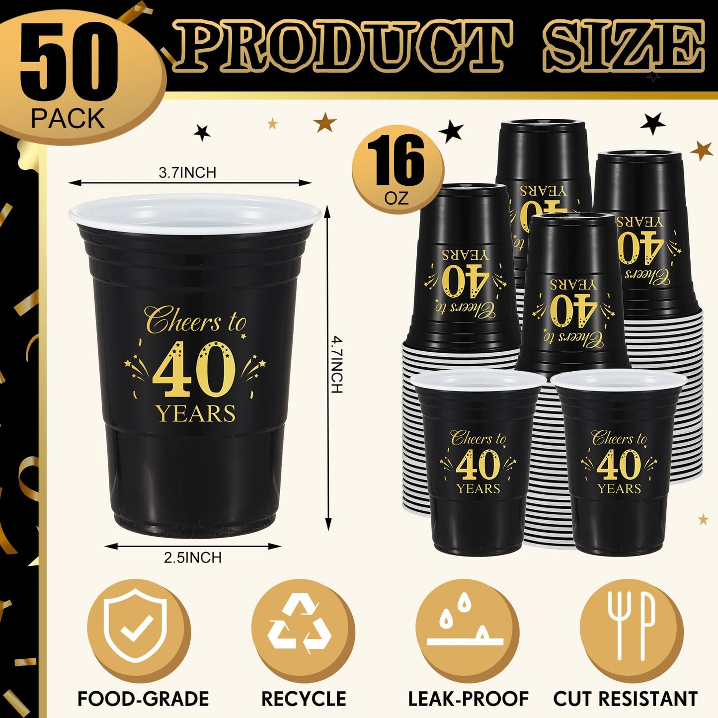 Ziliny 50 Pack 40th Birthday Decorations Birthday Cups 16 oz Disposable Plastic Gold and Black Cheers to 40 Years Cups for Men Women Hot Cold Drinks for Wedding Anniversary Supplies