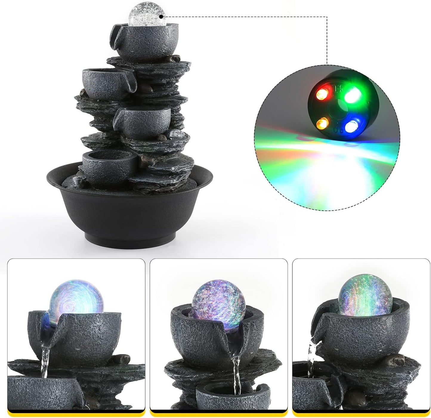 Dyna-Living Water Fountains Indoor Tabletop Fountain with Pump Waterfall Fountain Indoor Coloured LED Lights Desk Water Fountains for Home Office Decor Style 1
