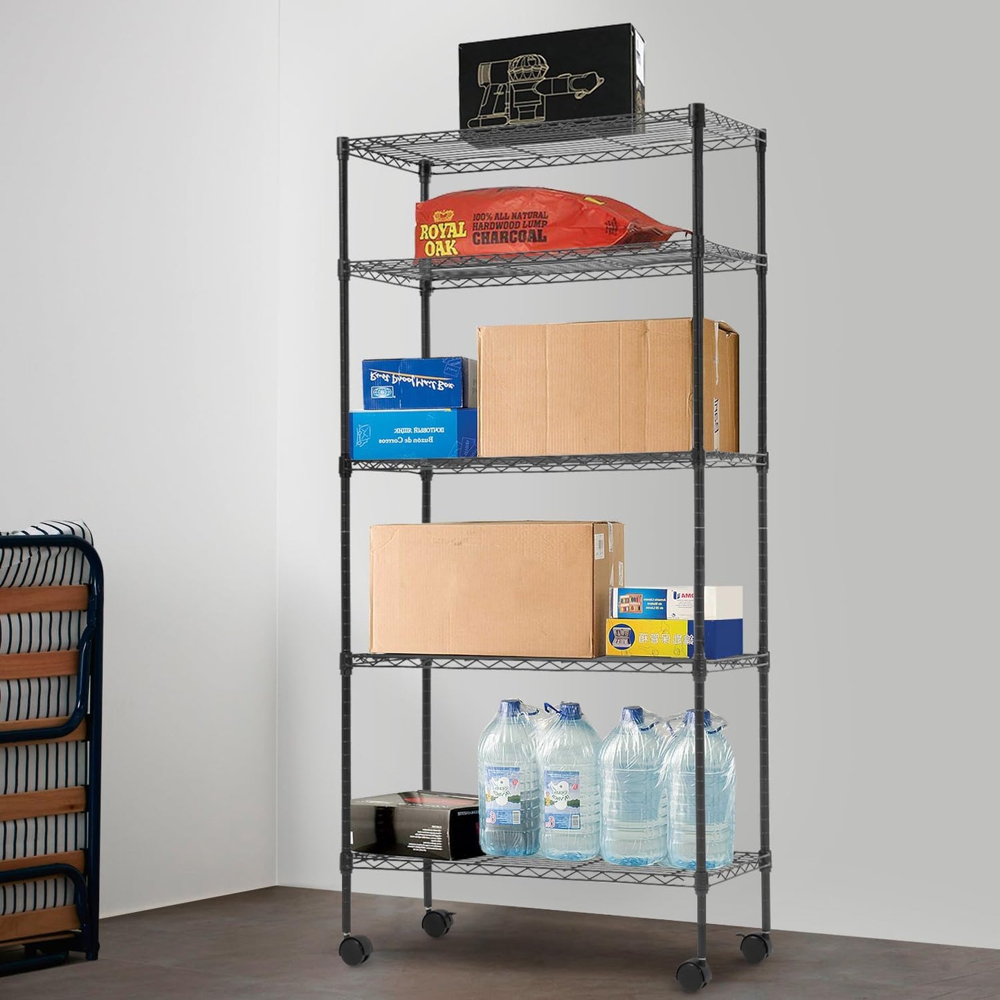 PayLessHere 5-Tier Wire Shelf with Wheels - Adjustable Heavy-Duty Storage Rack | Black | 14"x30"x60" | Rust-Resistant, Easy No-Tool Assembly