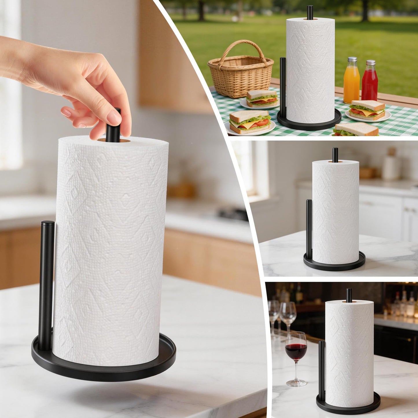 Black Paper Towel Holder Countertop, Paper Roll Holder Stand with Anti-Slip Weighted Base, Easy-Tear Papers Towel Rack Free Standing Tissue Dispenser for Bathroom Kitchen Organization RV Essentials