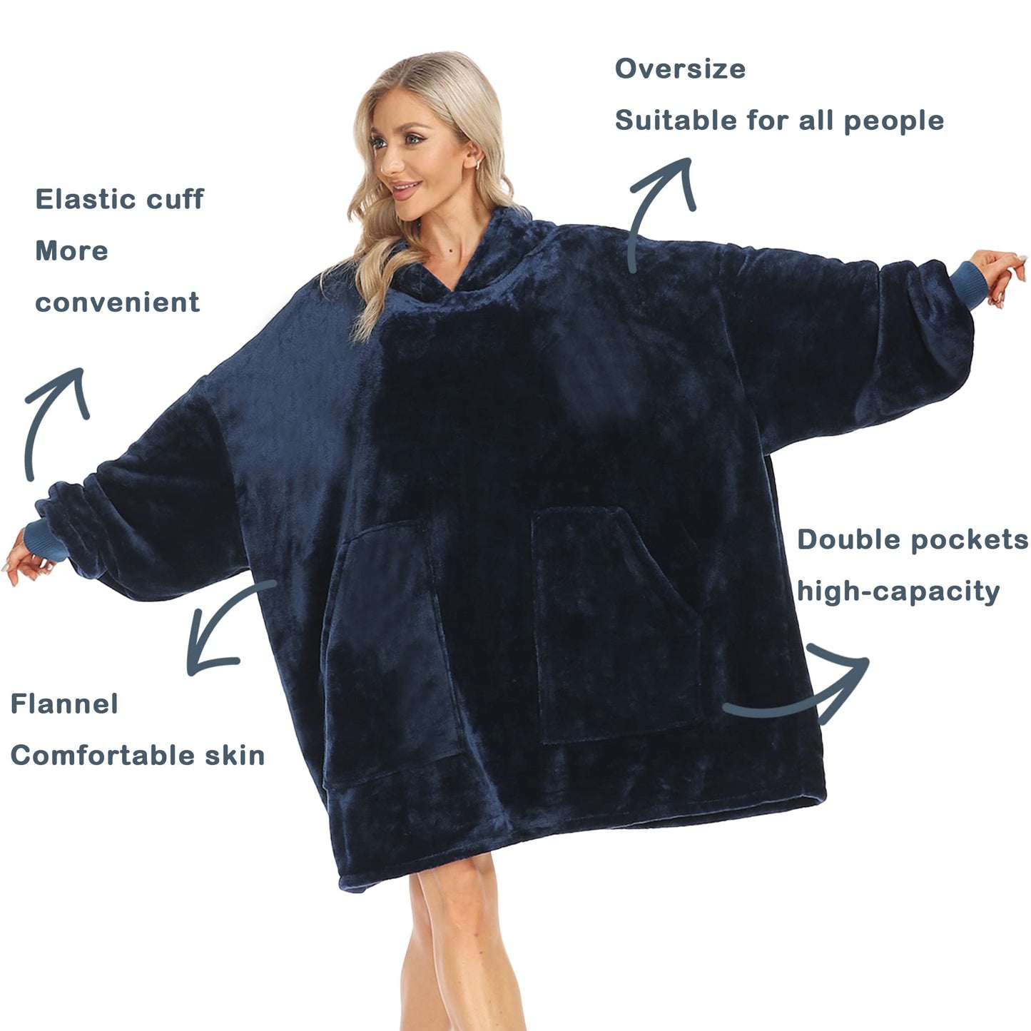 Kipswiza Blanket Hoodie - Wearable Blankets Oversized Soft Cozy Flannel Sweatshirt Blanket for Adult-Navy