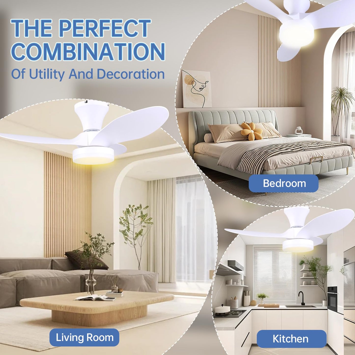 Ruhaieba Quiet Ceiling Fan with LED Light DC Motor 30 inch Large Air Volume Remote Control for Kitchen Bedroom Dining Room Patio (White)