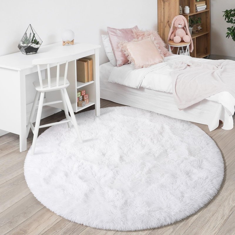 KIXINWA Round Rug for Bedroom, 4x4 Fluffy Soft Circle Area Rugs for Kids Girls Nursery Room, Washable Plush Shaggy Indoor Floor Bedside Living Room Circular Carpet, Home Decor Aesthetic, White