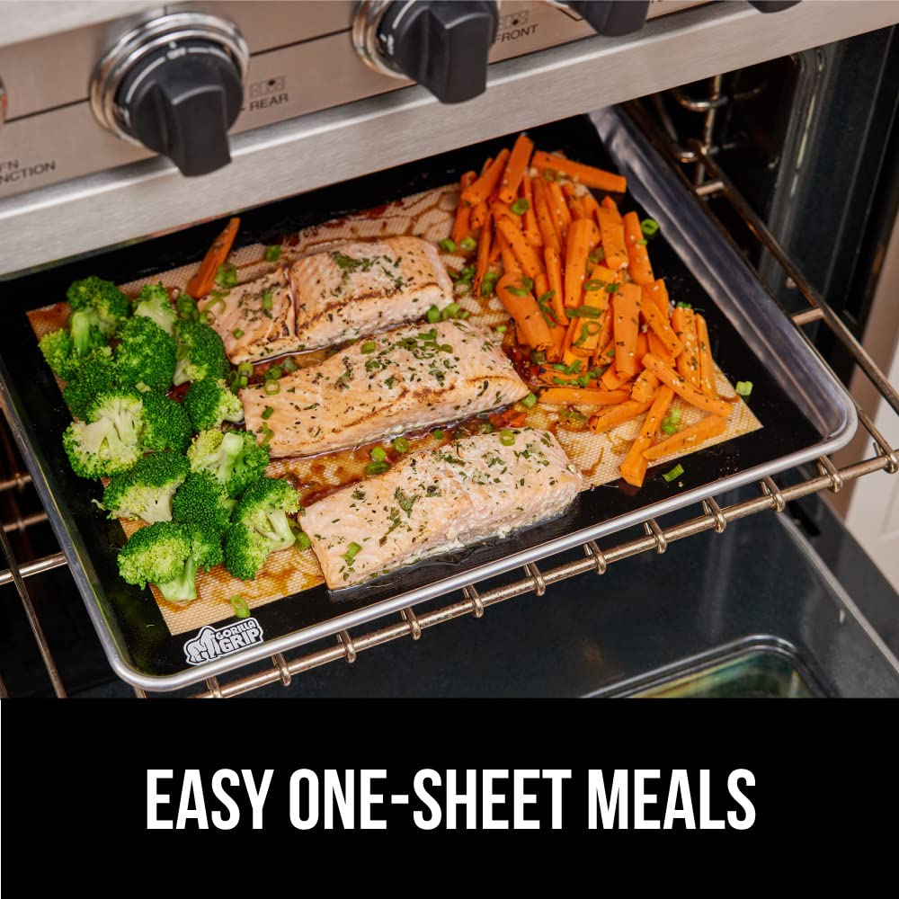 GORILLA GRIP Food Grade Reusable Nonstick Silicone Baking Mat, 16.5x11.87, Half Sheet 2PK, Oven Safe Cookie Sheet Liners, Up to 500 Degrees, No Mess Easy Clean Pastry Mats, Kitchen Essentials, Red