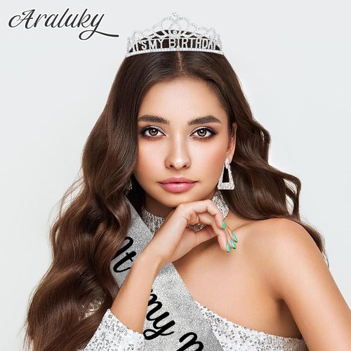 Araluky Silver-Black Crown and Sash for Women, Birthday Tiara Headband, Happy Birthday Hat, Party Favors Gift