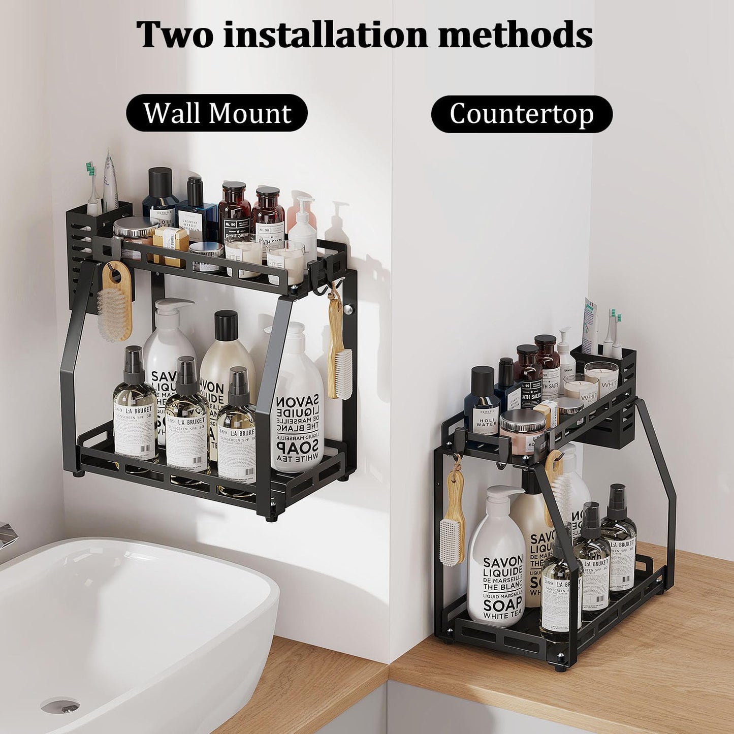USHARP Bathroom Organizer Countertop, 2 Tier Bathroom Counter Organizer Rack for Toiletries, Bathroom Organizer Storage Caddy, Standing Vanity Shelf Tray, Sturdy Metal Black, Medium 12.1''L x 7.6''W