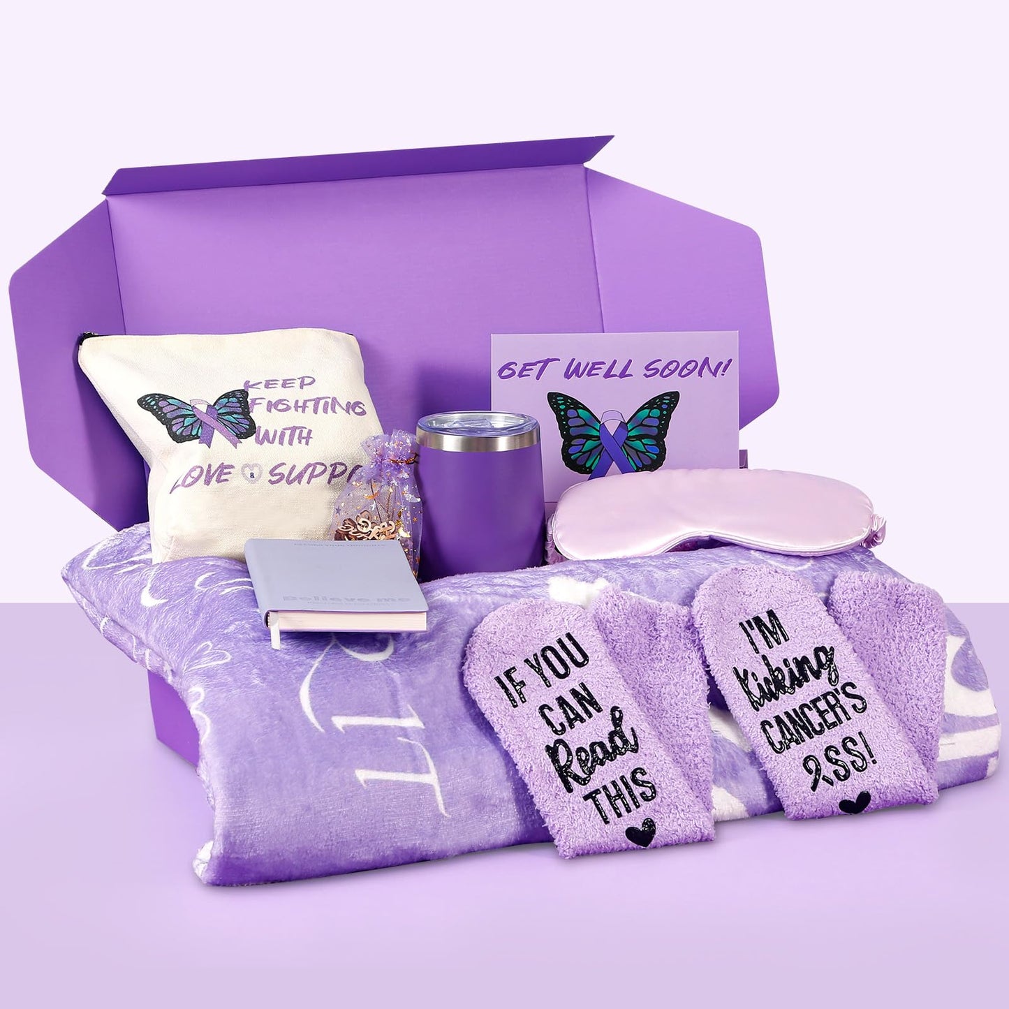Cancer Care Gifts for Women, Chemo Care Package for Women,8PCS Breast Cancer Gifts for Woman ,Gifts for Cancer Patients,Get Well Soon Christmas Gifts basket for Women Includes Healing Blanket (Purple)