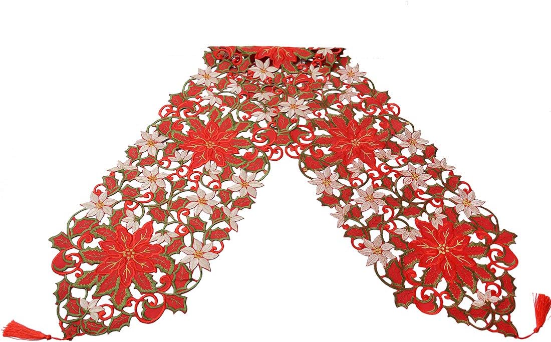 Christmas Poinsettia Table Runner - 13x36 Inch Holiday Dresser Scarf