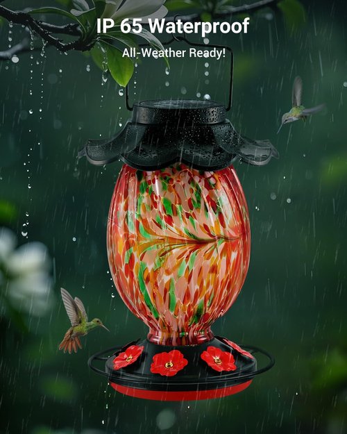 HouseSapp Solar Hummingbird Feeder - 49 Fl. Oz Color Changing Hand Blown Glass - 7 Feeding Ports & Perch