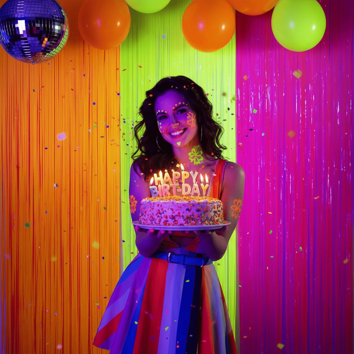 Mega-L Glow in The Dark Party Supplies, 3 Pack Neon Party Decorations 9.9 x 6.6 ft Fluorescent Tinsel Foil Fringe Curtains, Neon Backdrop Streamer for Birthday, Weeding, New Years Eve Party Supplies
