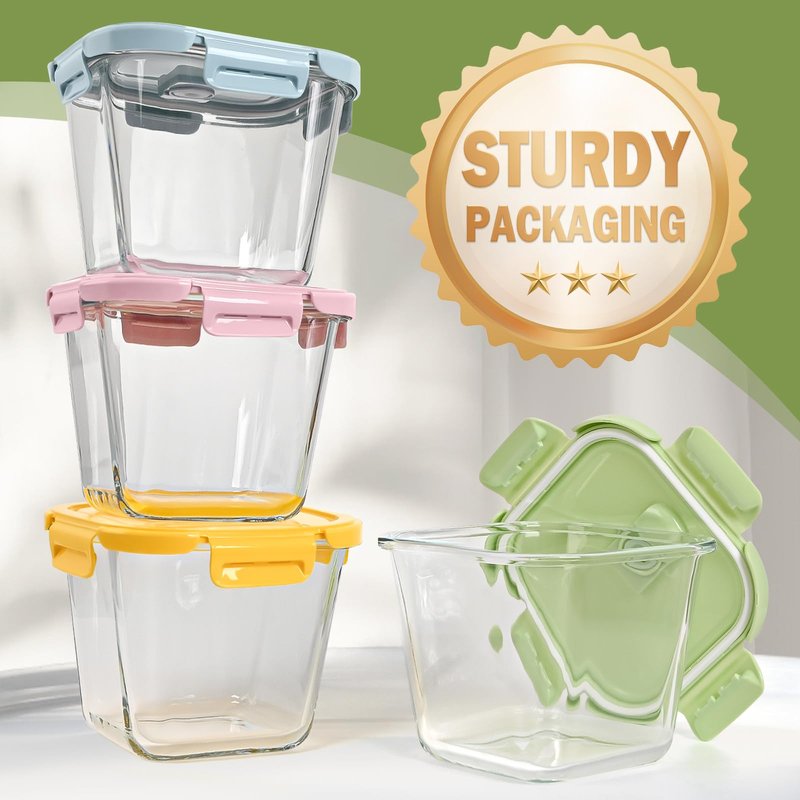 Susukkie Glass Soup Containers with Lids 32oz - Borosilicate Glass Storage Containers 4 Cup, Freezer to Microwave Safe, Airtight Leak Proof, Square Meal Prep Containers for Lunch Travel- 4 Pack