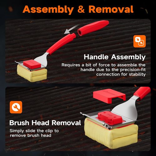 Bristle Free Grill Brush - Safe Steam BBQ Cleaner with Scraper | Replaceable Head for Cast Iron, Stainless Steel, Porcelain Grates - Red