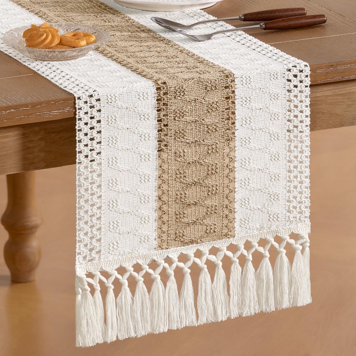 Socomi Boho Table Runner Summer Farmhouse Rustic Dining Kitchen Centerpiece Decor Small Macrame Woven Cotton Linen Coffee Table Runner for Dresser Scarf Home Decor 12x90 inch