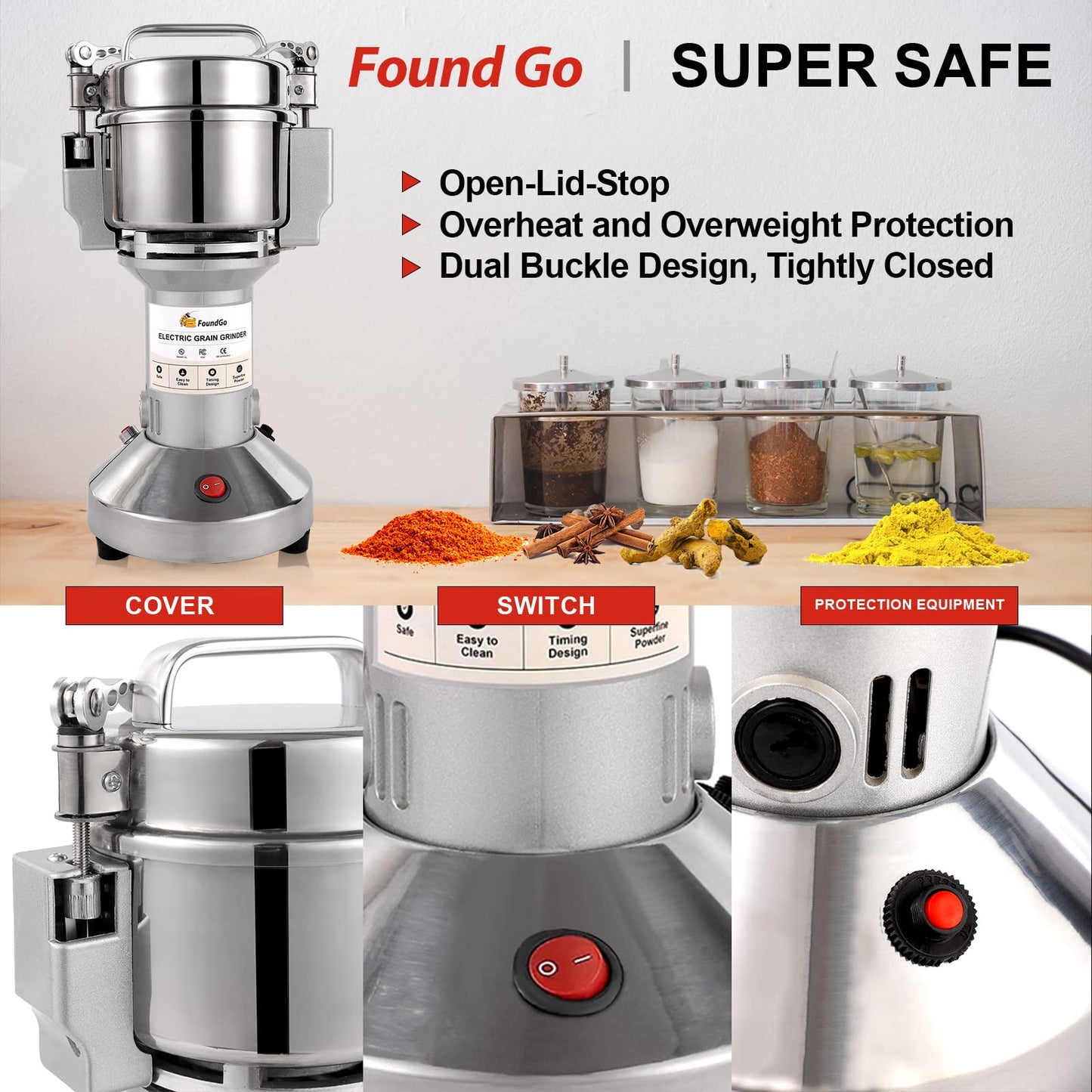 FoundGo 150g Grain Mill Electric Grinder Cereals Pulverizer Spice Grinding Powder Machine Corn Flour Grinders for Dry Spices Seeds Herbs Grains Coffee Rice Pepper, Commercial Grade
