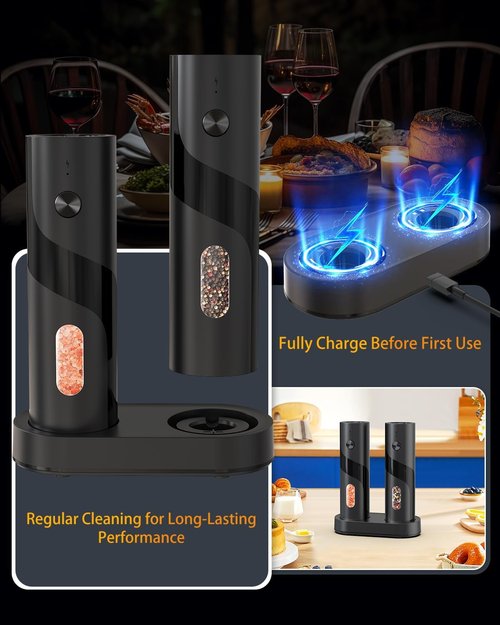 Circle Joy Electric Rechargeable Salt and Pepper Grinder Set - Automatic Mill with Adjustable Coarseness, LED | Easy-Fill Design for Home Kitchen