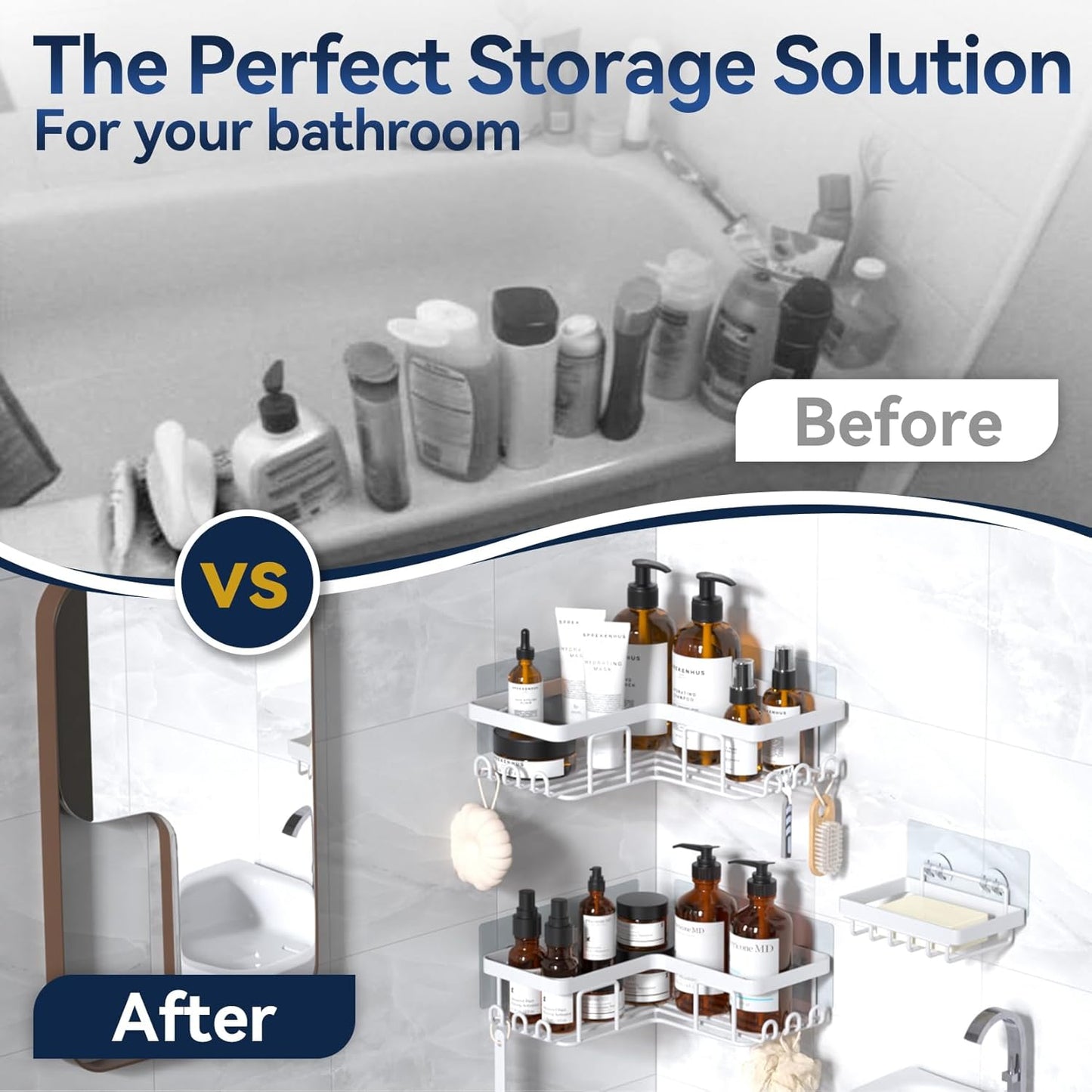 YASONIC Corner Shower Caddy - Rustproof Stainless Steel Bathroom Organizer with Soap Holder & 12 Hooks | White, 3-Pack