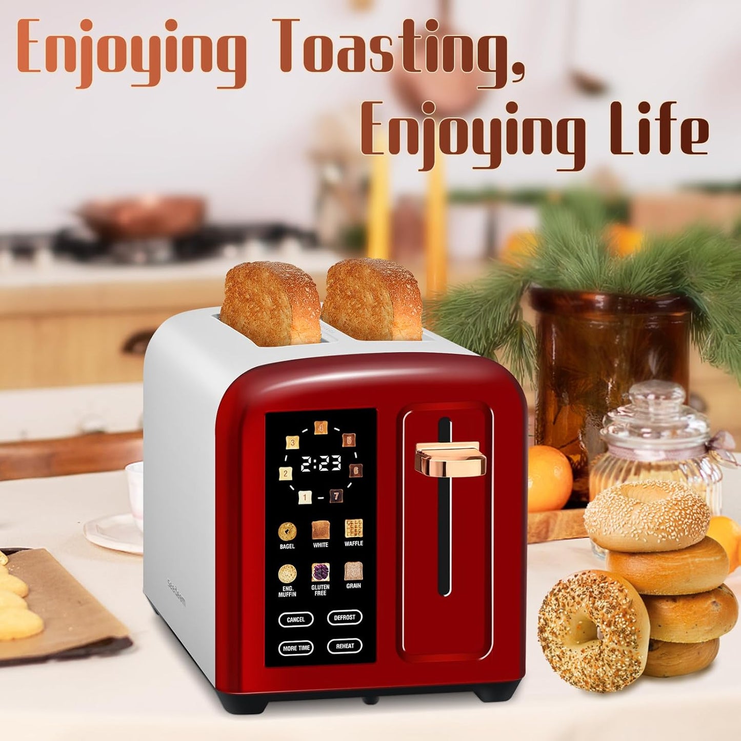 SEEDEEM 2-Slice Toaster - Touch Screen, Fast Heating, 7 Shade Settings, 1.5” Wide Slots, Dark Cherry
