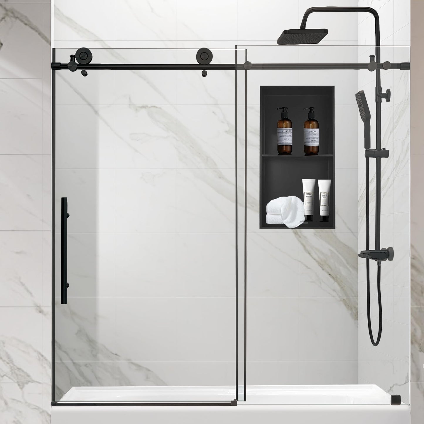 HOTIS 12"×24" Black Double Selves Shower Niche, Stainless Steel Recessed Bathroom Niche, No Tile Needed Bathroom Wall Niche, Waterproof Recessed Wall Mounted Insert Storage Caddy, Matte Black