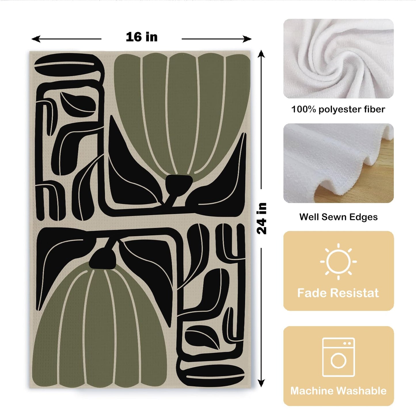 Qpenm Sage Green Groovy 70s Retro Kitchen Towels Set of 2 - Boho Floral Dish Towels for Kitchen, Boho Hand Towels for Bathroom, Boho Sage Green Bathroom Kitchen Decor, 16x24 Inches