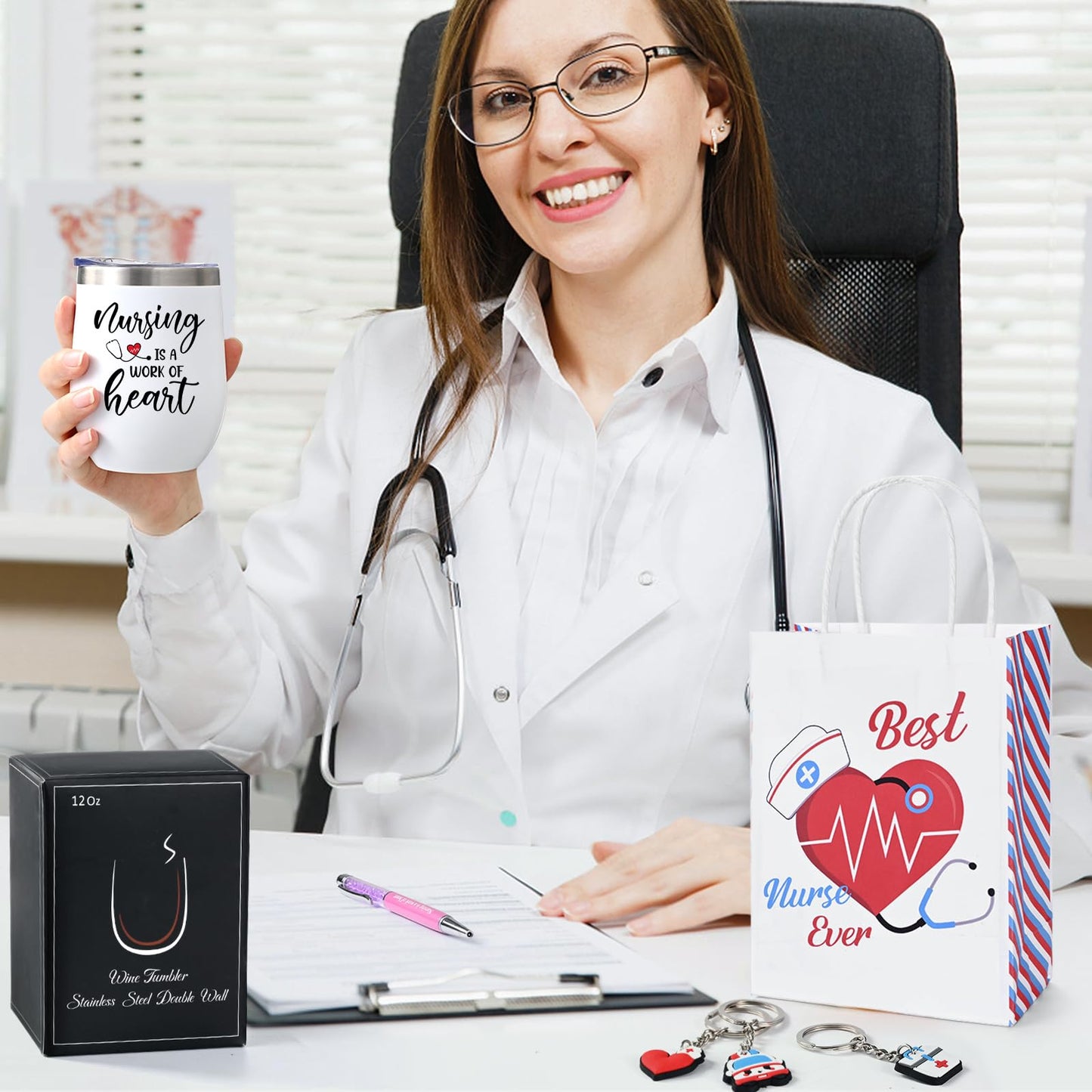 Lifecapido Nurse Gifts, Nurse Week Gifts, Nursing is a Work of Heart 6 Pack Insulated Wine Tumbler, Nurse Gifts Bulk with Key Chain Paper Bags, Appreciation Graduation Retirement Gifts for RN Nurse