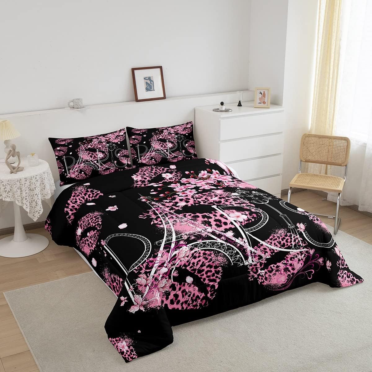 Homewish Dandelion Comforter Set Queen Size,Rustic Natural Bedding Set 3pcs for Kids Teens Girls Boys Room Decor,Butterfly Floral Animal Quilt Set Black and White Duvet Insert with 2 Pillowcases