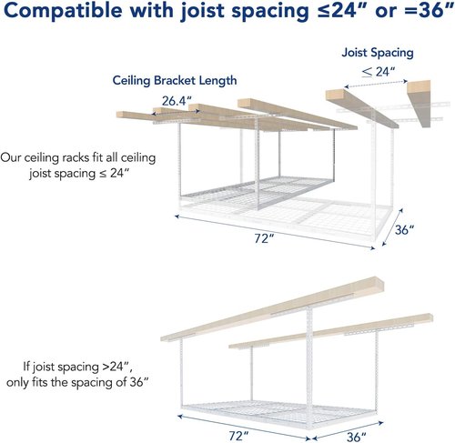 FLEXIMOUNTS Overhead Garage Storage Rack - Adjustable Ceiling Design | 3x6 ft, 900 lbs Capacity, White