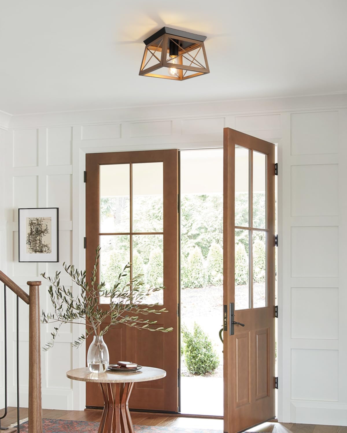 Farmhouse Flush Mount Ceiling Light Oak White Ceiling Light Fixtures 2-Light Industrial Vintage Metal-Framed Ceiling Lighting for Hallway Foyer Kitchen Dining Room Bedroom Living Room Laundry