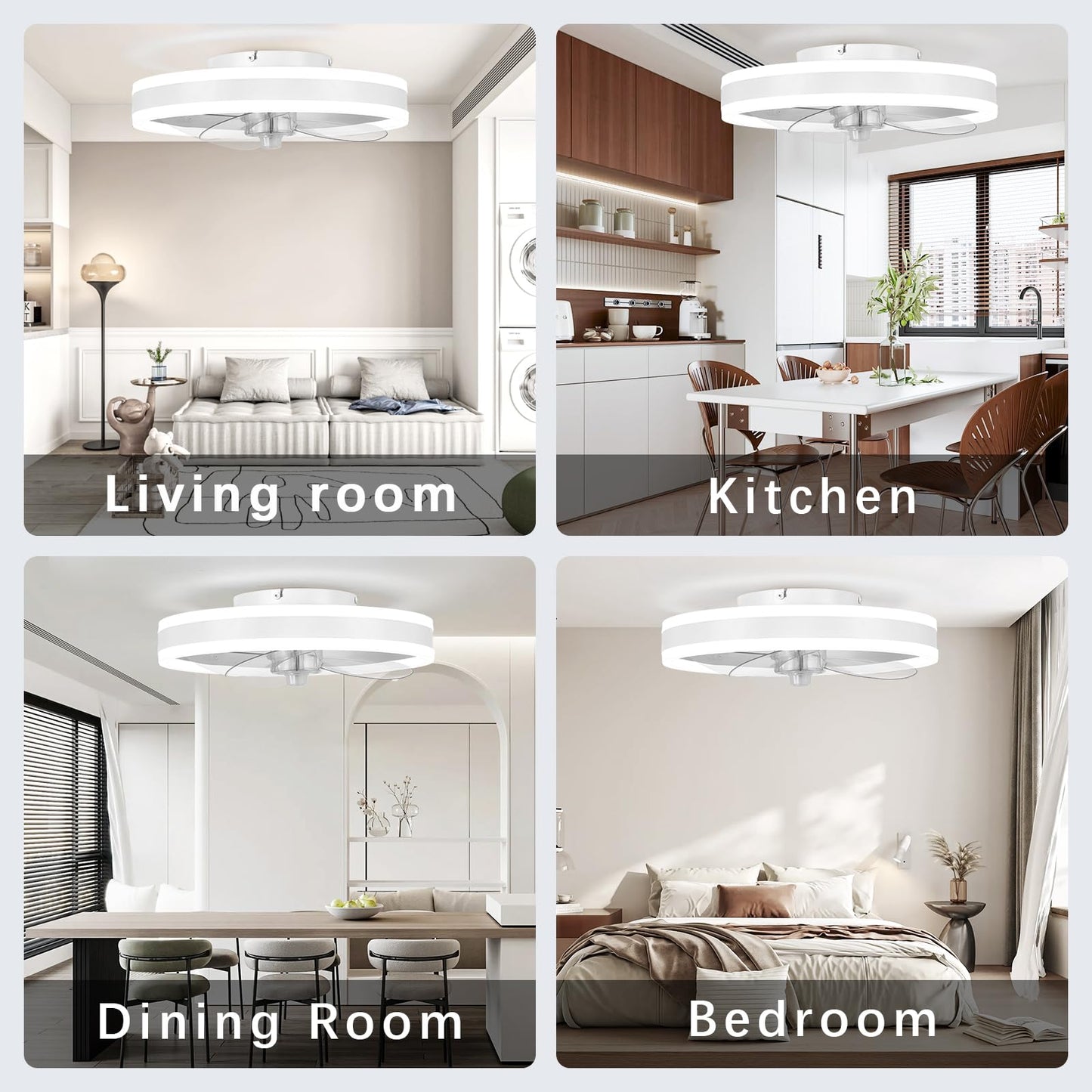 SAMPHON Low Profile Ceiling Fans with Lights and Remote, 15.7'' Led Flush Mount Ceiling Fan, Stepless Dimmable Bladeless Small Ceiling Fans with Lights for Bedroom, Living Room and Kitchen - White