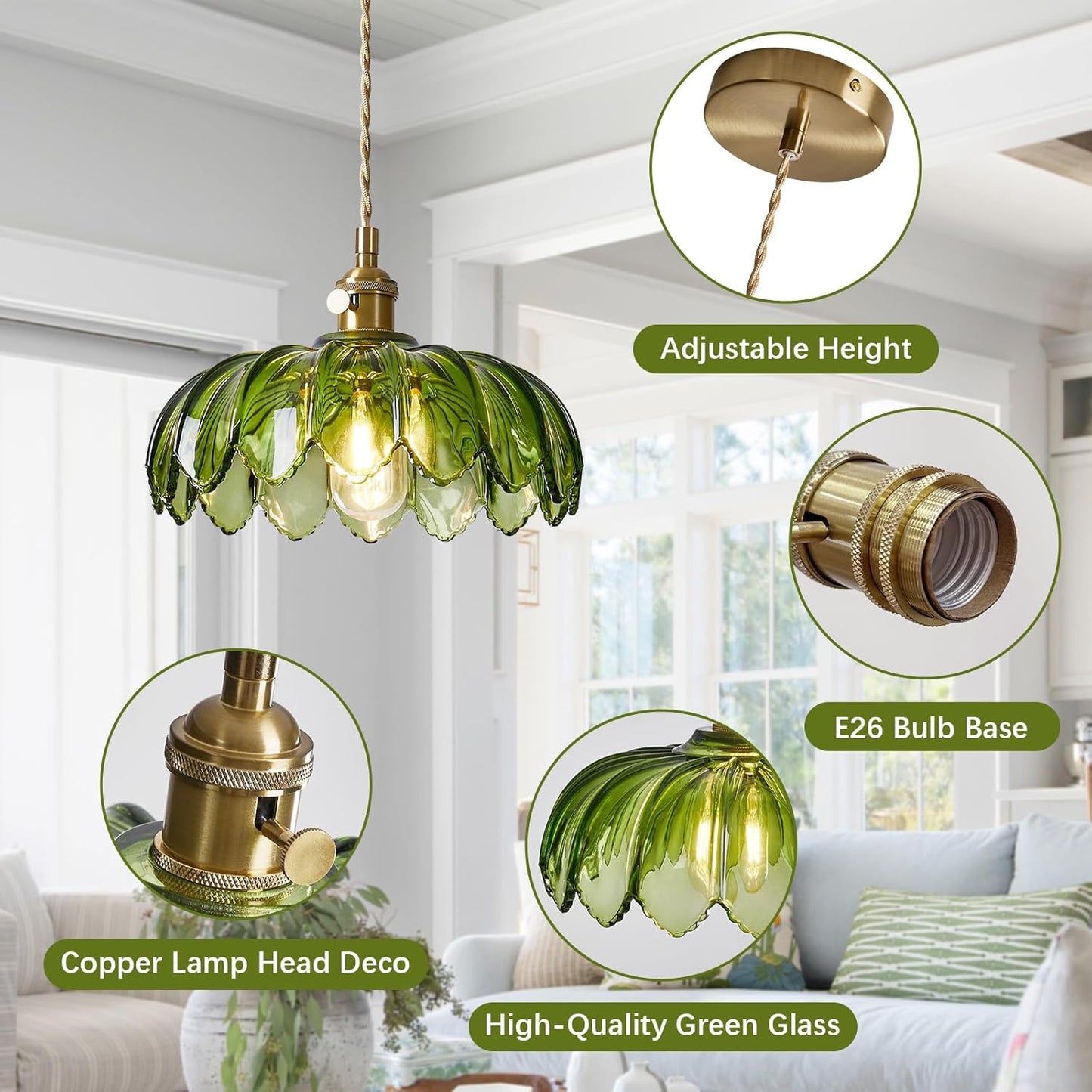 Glass Pendant Light Vintage Light Fixtures, Vintage Pendant Lights, Modern Chandelier Pendant, Adjustable Hanging Light for Bedroom Living Room Kitchen Island, Bedroom Hotel Dining Room