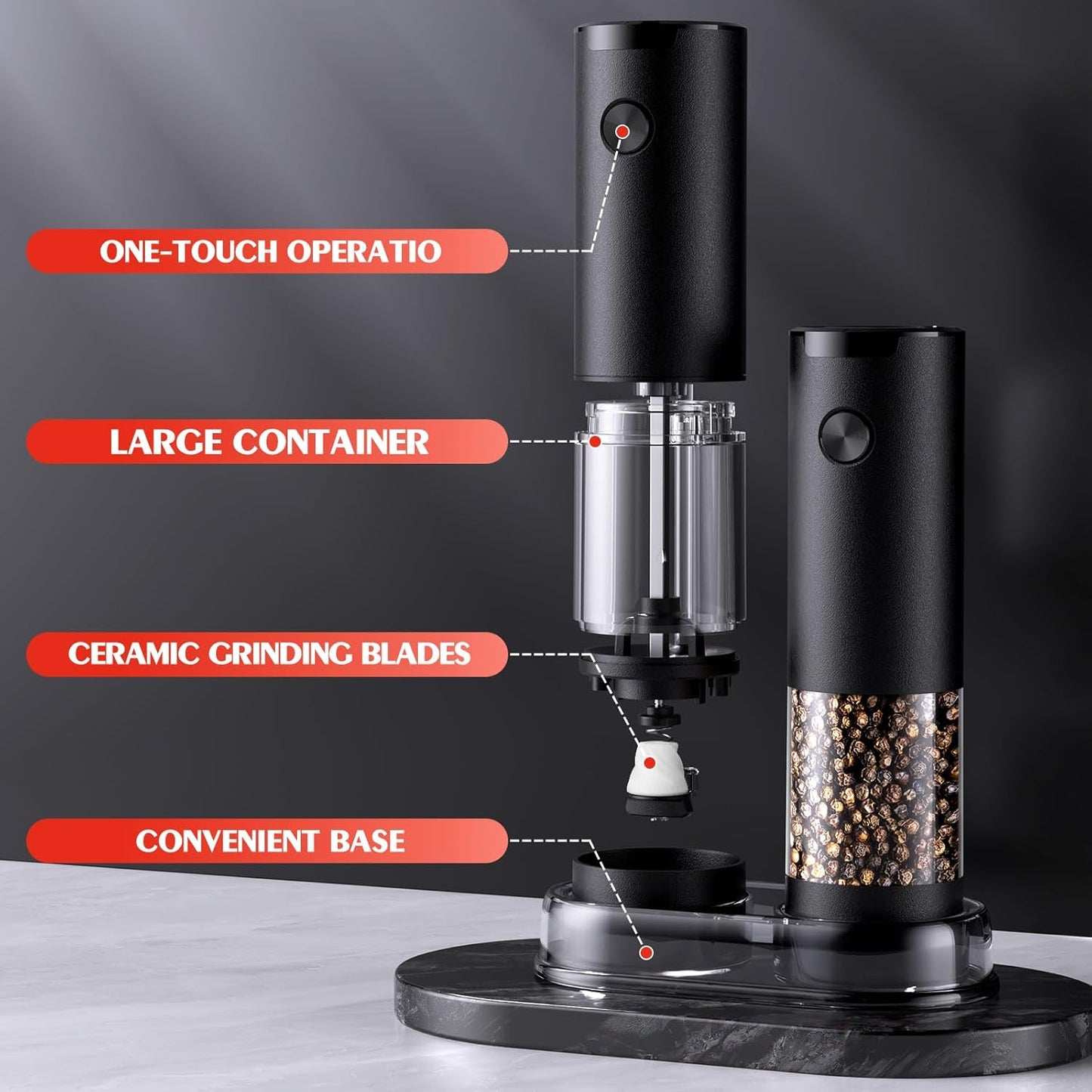Skiennix Electric Salt and Pepper Grinder Set - Automatic Battery Mills with Adjustable Coarseness | Larger Capacity, LED Light