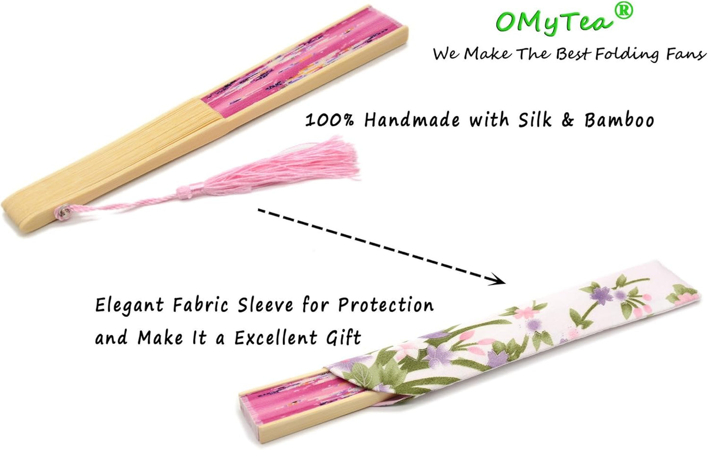 Handmade Silk Folding Fan with Bamboo Frame - Vintage Chinese/Japanese Style for Women & Girls - Gift-Ready with Protective Sleeve (WZS-33)