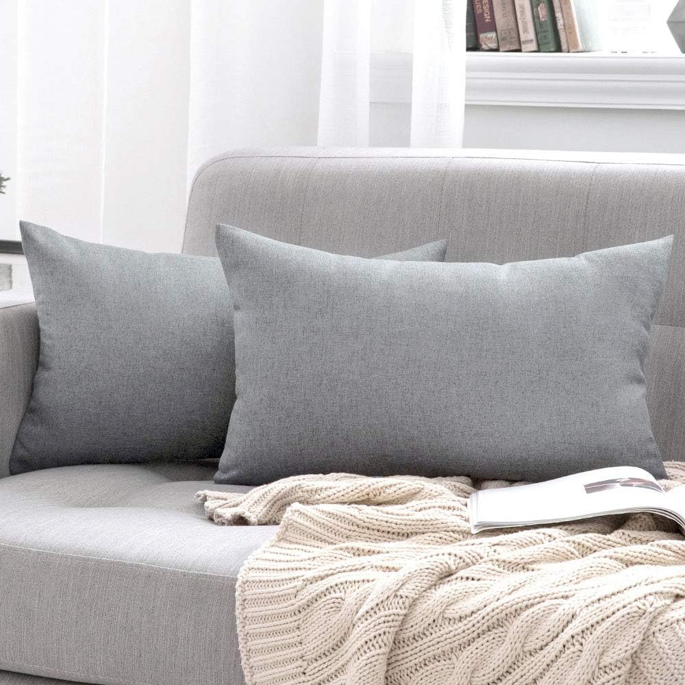 MIULEE Decorative Outdoor Throw Pillow Covers - Waterproof Faux Linen Cushion Cases | 20x12 Inch Light Grey (Pack of 2)