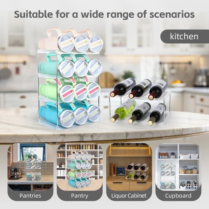 TIDY SAVANT Water Bottle Organizer Holder for Stanley 40 oz Tumbler, Stackable Tumbler Organizer - Cabinet Organizer, Kitchen Storage Organization for Accessories(4 Tier - Hold 12)