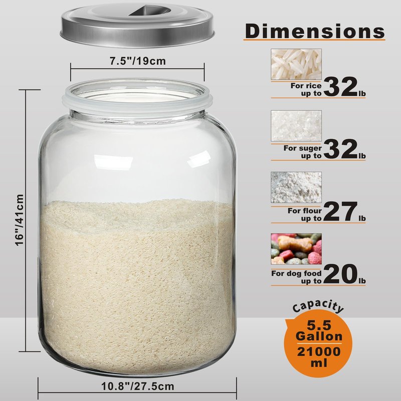 Daitouge Large Glass Jars with Lids, 5.5 Gallon (21000 ML) Glass Canisters - Super Wide Mouth Glass Jar Heavy Duty Glass Storage Jars with Lid for Storing Flour, Rice, Set of 1