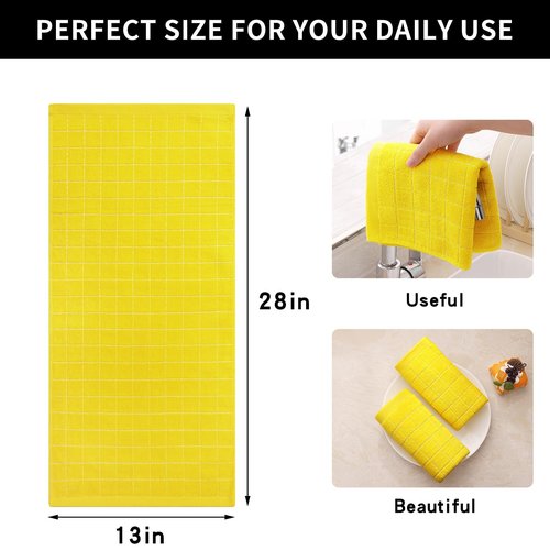 Homaxy 100% Cotton Terry Kitchen Towels(Yellow, 13 x 28 inches), Checkered Designed, Soft and Super Absorbent Dish Towels, 6 Pack
