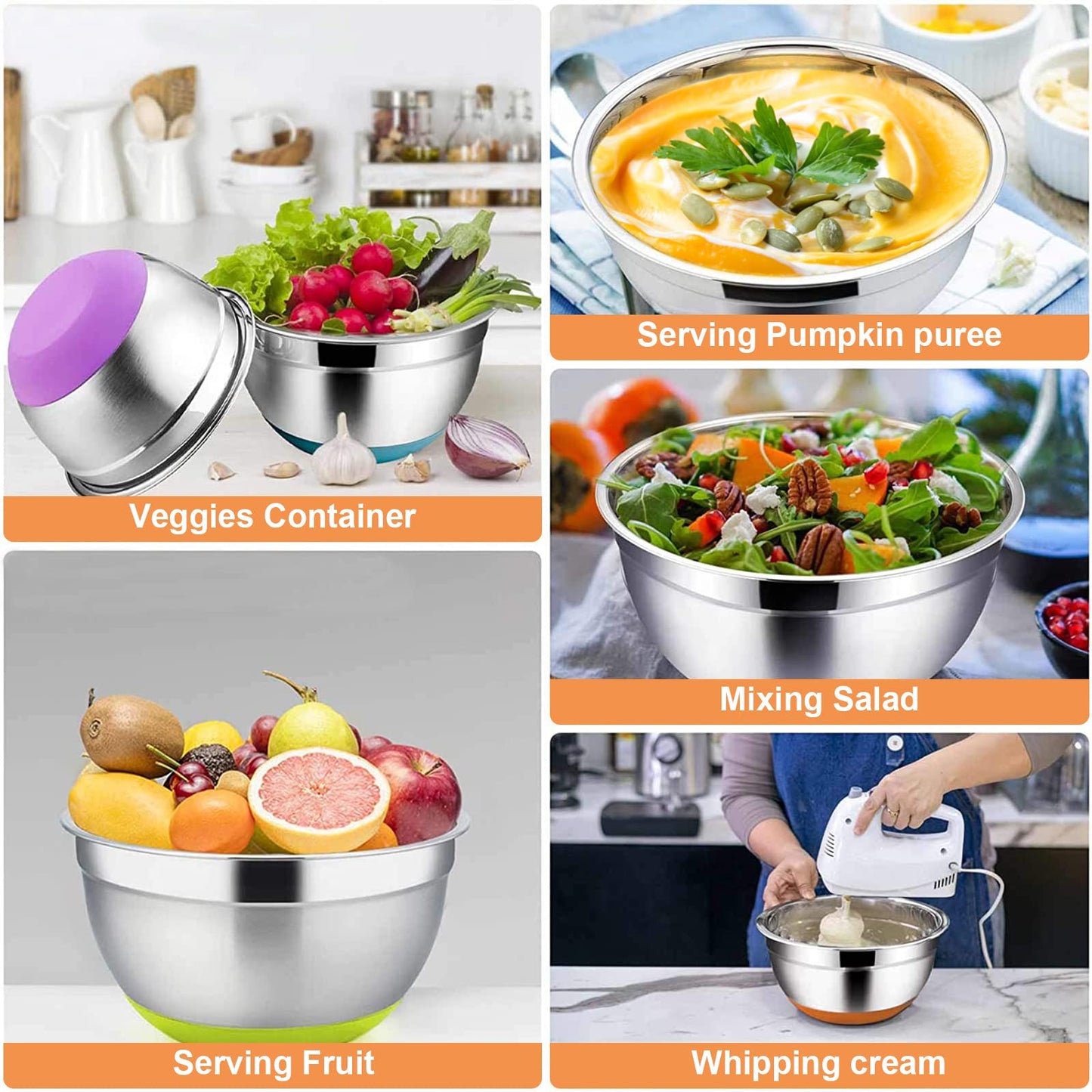 Menbyci 6 Pcs Mixing Bowls with Lids,Stainless Steel Mixing Bowls Utensils with 3 Grater Attachments,Non-Slip Bottoms,Mixing Bowl Set for Kitchen Mixing Baking Prepping Cooking Serving,Colorful