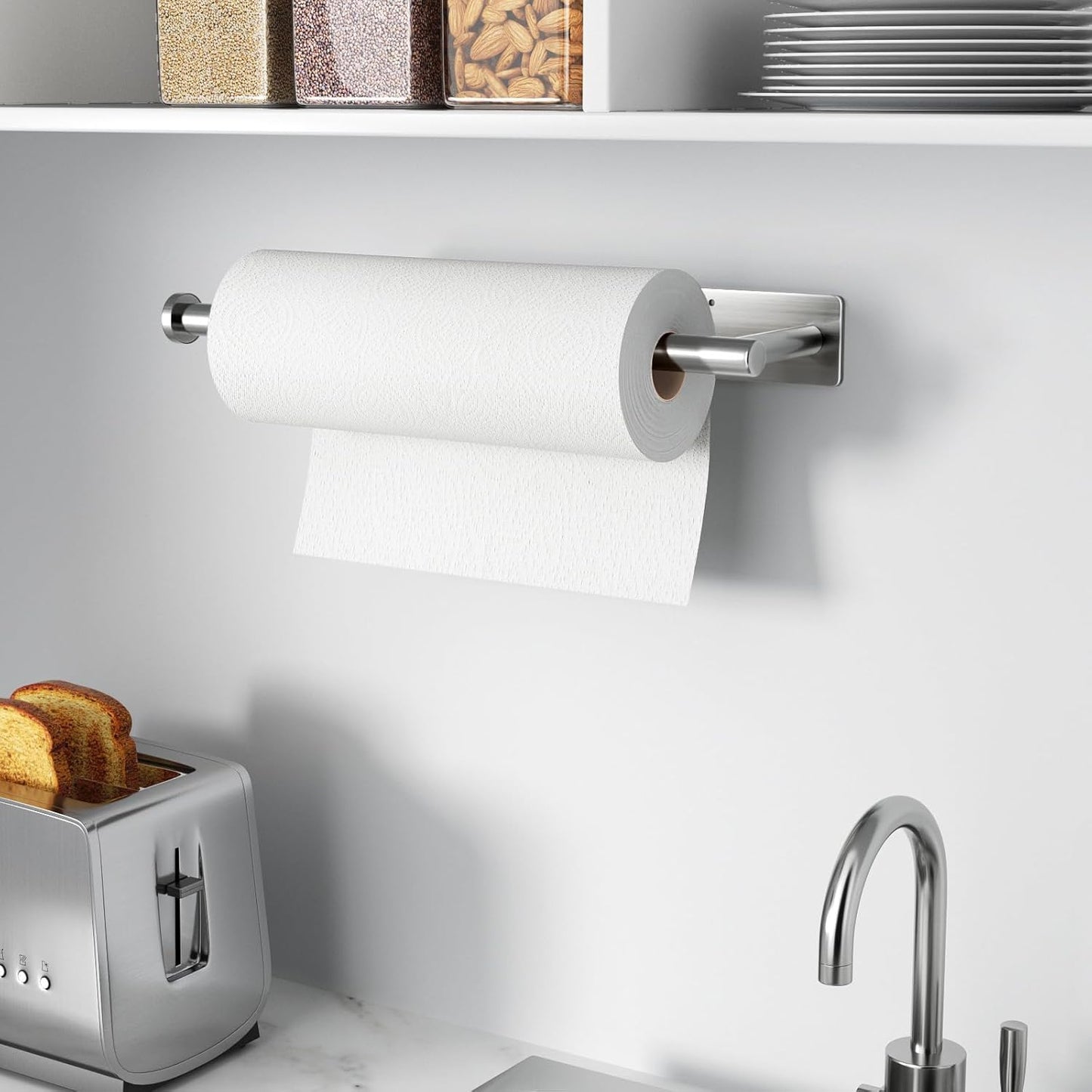 Skiennix Paper Towel Holder - Wall Mounted, Self-Adhesive Brushed Nickel SUS304 Stainless Steel Dispenser