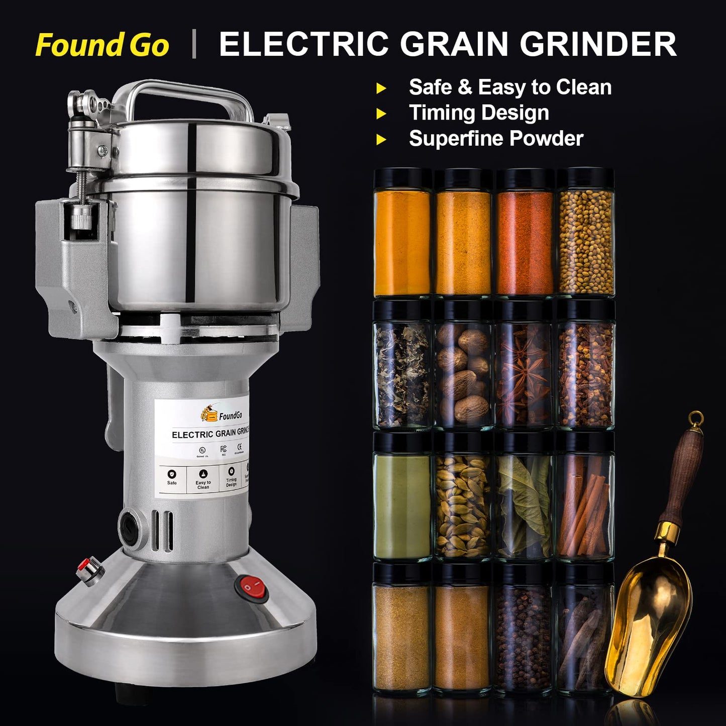FoundGo 150g Grain Mill Electric Grinder Cereals Pulverizer Spice Grinding Powder Machine Corn Flour Grinders for Dry Spices Seeds Herbs Grains Coffee Rice Pepper, Commercial Grade
